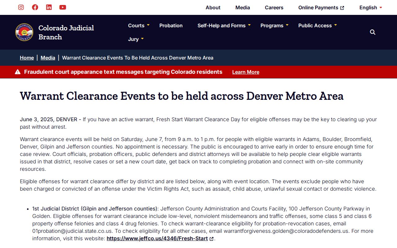 Colorado Judicial Branch warrant clearance notice serving eligible Gilpin County cases