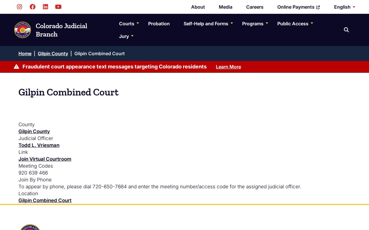 Gilpin County bench warrant virtual court warning