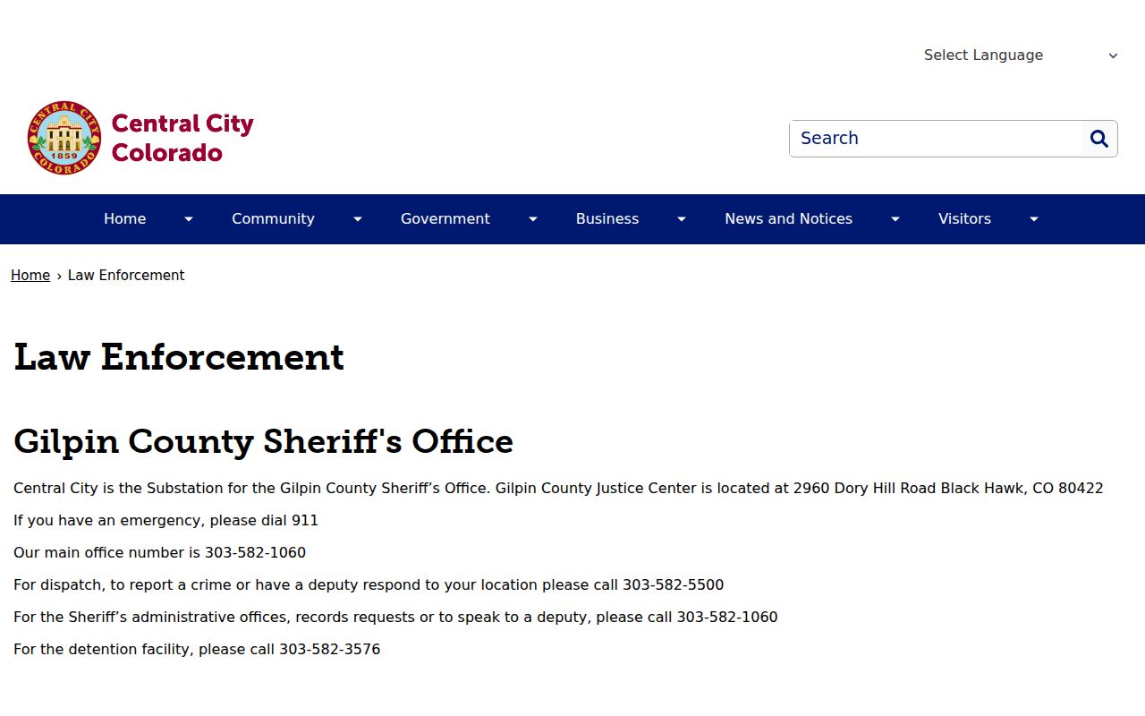 Gilpin County bench warrant sheriff-routed city service