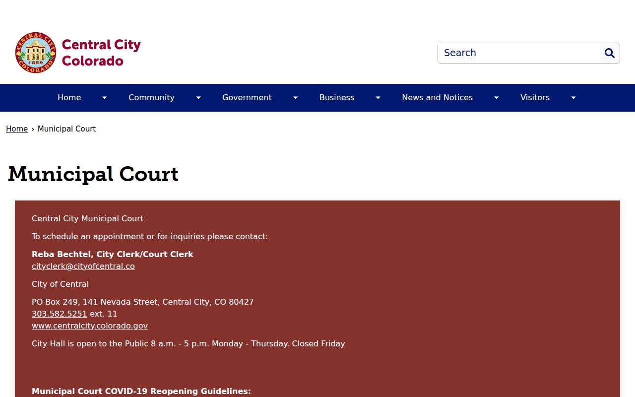 Gilpin County bench warrant Central City Municipal Court page
