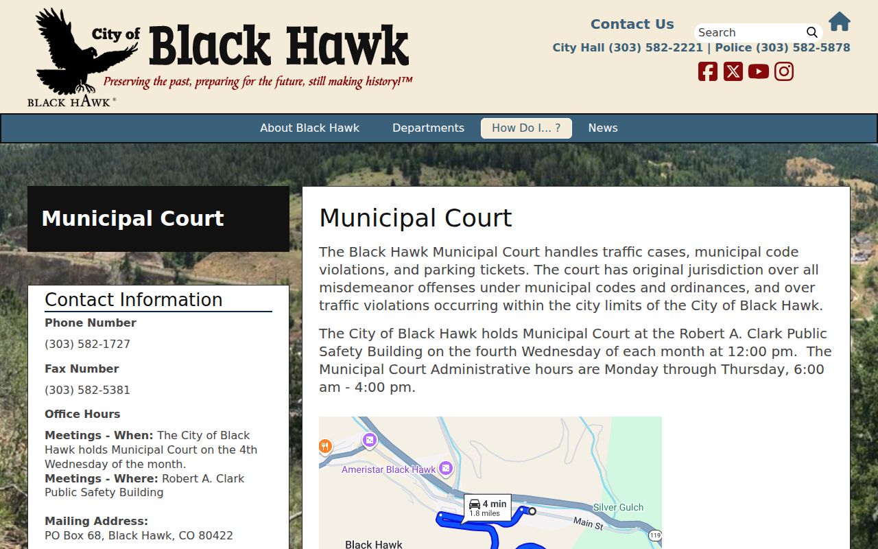 Black Hawk Municipal Court page with Gilpin County city court and payment details