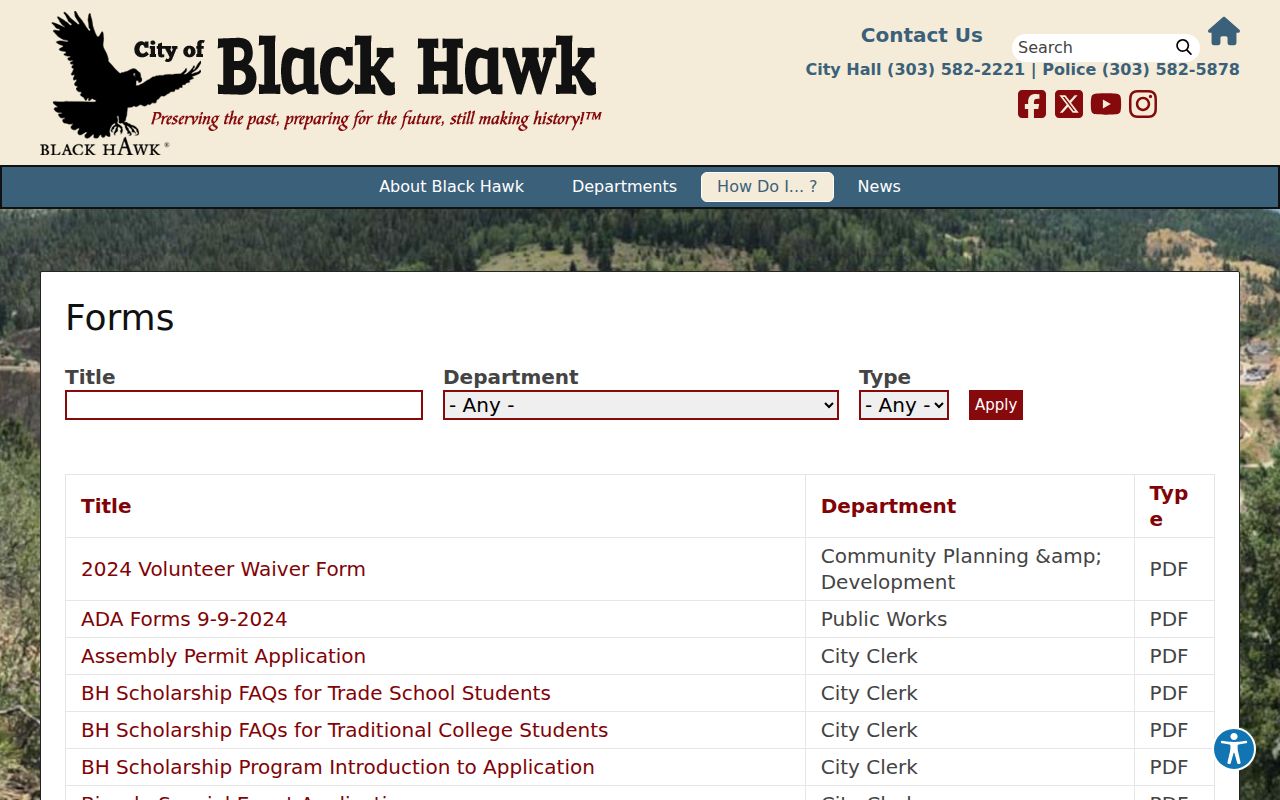 Black Hawk official forms index with municipal court and records request routes