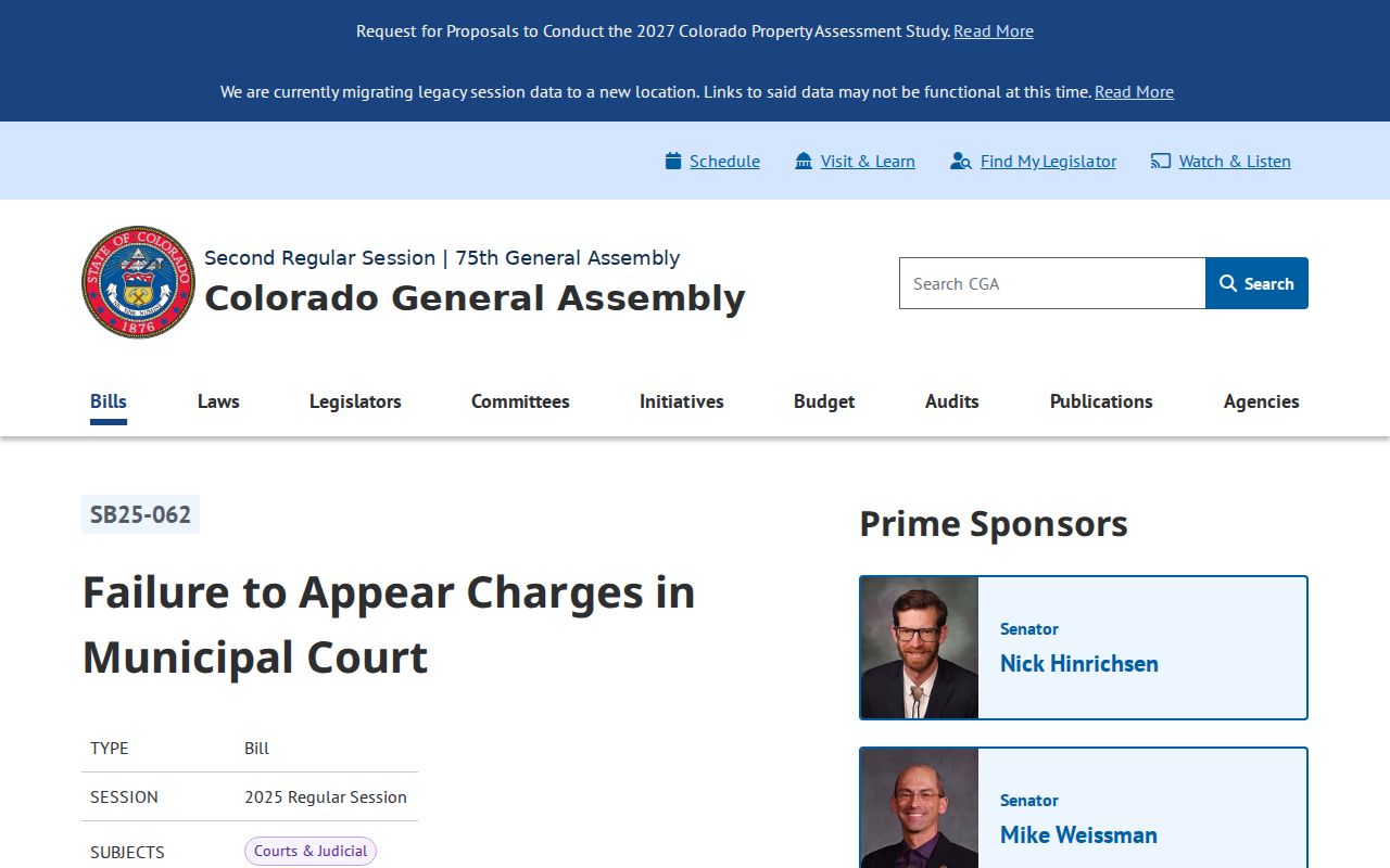 Colorado legislative page for municipal failure-to-appear law affecting Gilpin County city courts